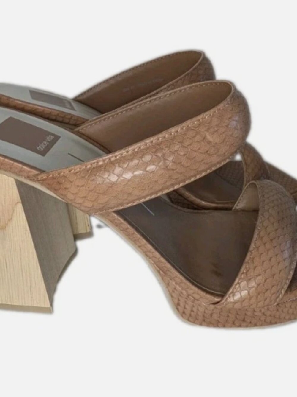 Dolce Vita Chunky Wood Open Toe Heels Snake Print Tan Light Brown Shoes Size 10